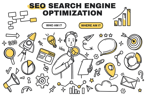 SEO Banner filled with different symbols like archery target, upgoing chart, mail, location icon, cogwheel, pie chart, magnifying glass, and a man looking at a paper